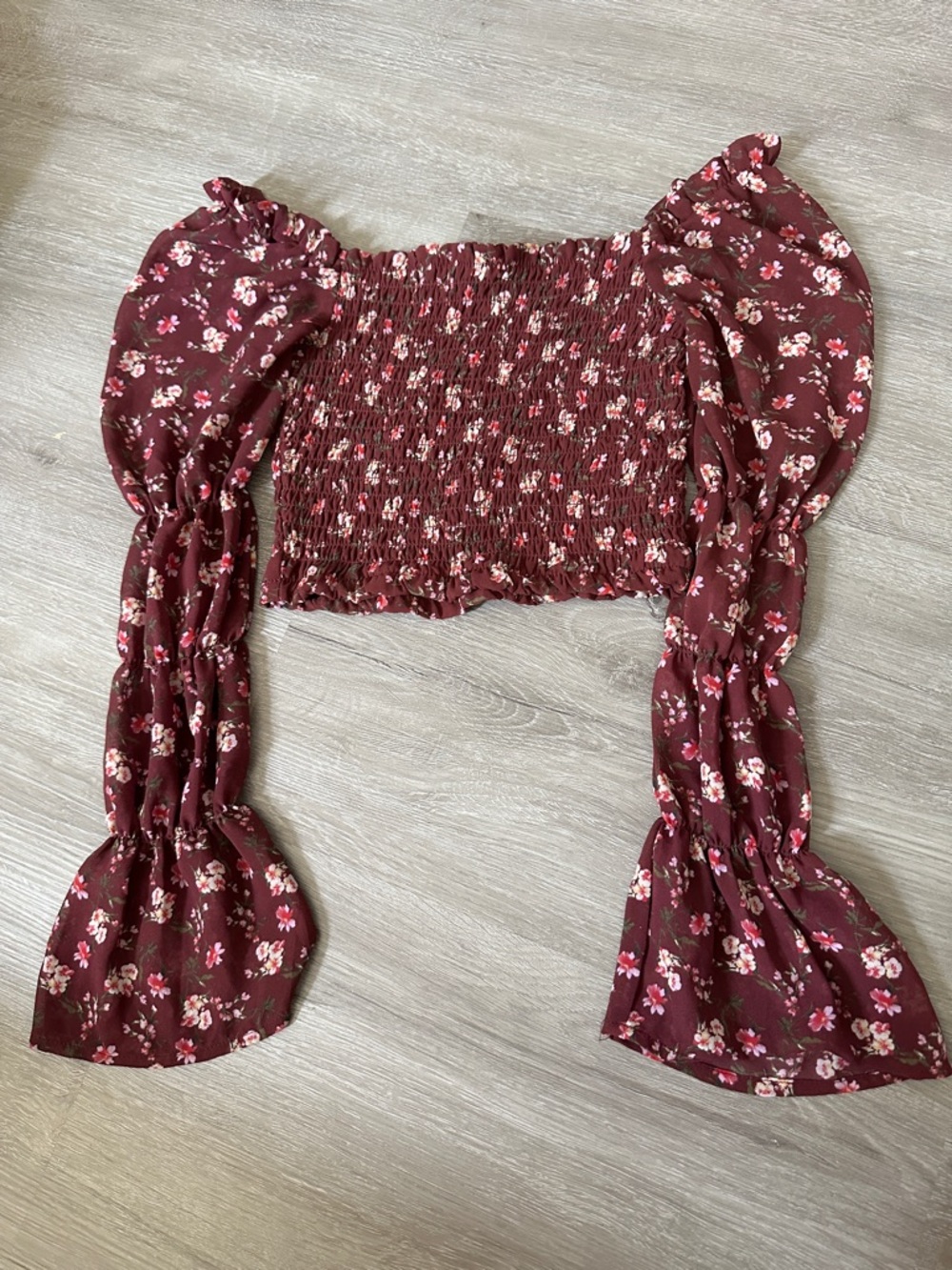 wild fable Burgundy Floral Smocked Off-Shoulder Crop Top